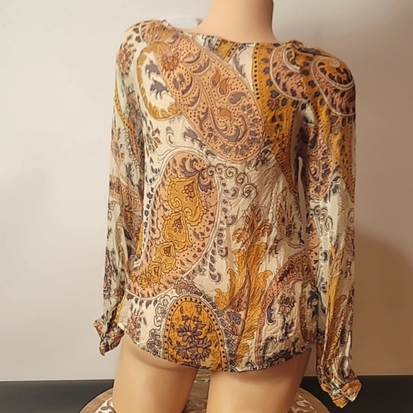 Tucker Blouse ~ Gold & Cream ~ Paisley & Floral Print ~ Silk Top - Picture 4 of 11